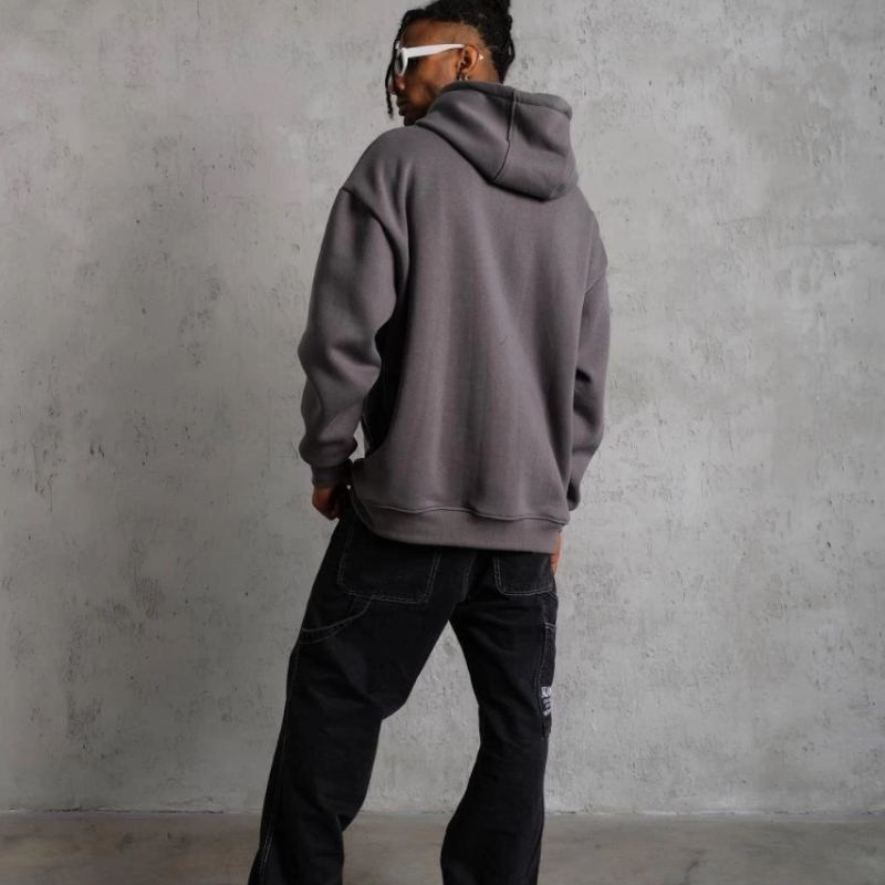 Erkek 3 İplik Pamuklu Kapüşonlu Kanguru Cepli Sweatshirt Hoodie - Gri