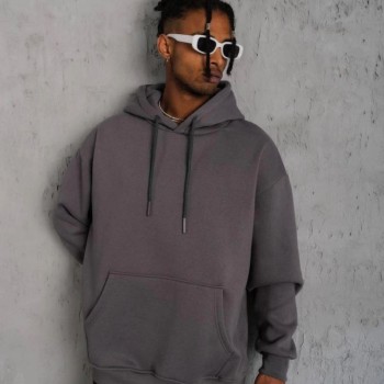 Erkek 3 İplik Pamuklu Kapüşonlu Kanguru Cepli Sweatshirt Hoodie - Gri