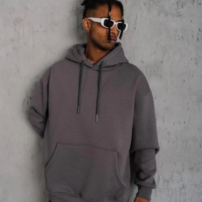 Erkek 3 İplik Pamuklu Kapüşonlu Kanguru Cepli Sweatshirt Hoodie - Gri