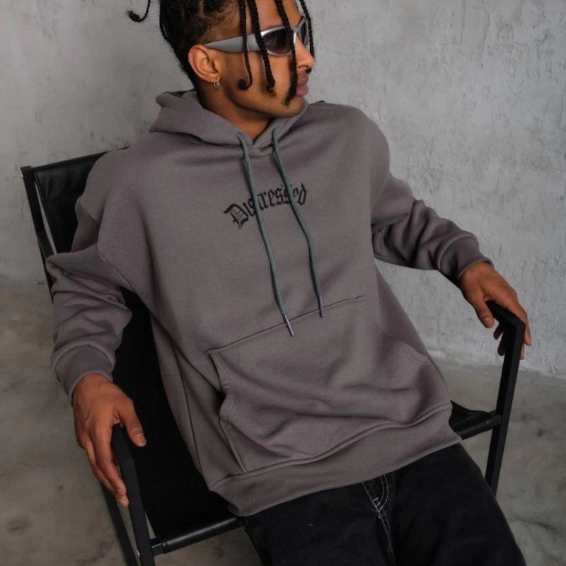 Erkek 3 İplik Pamuklu Kapüşonlu Kanguru Cepli Sweatshirt Hoodie -  Gri