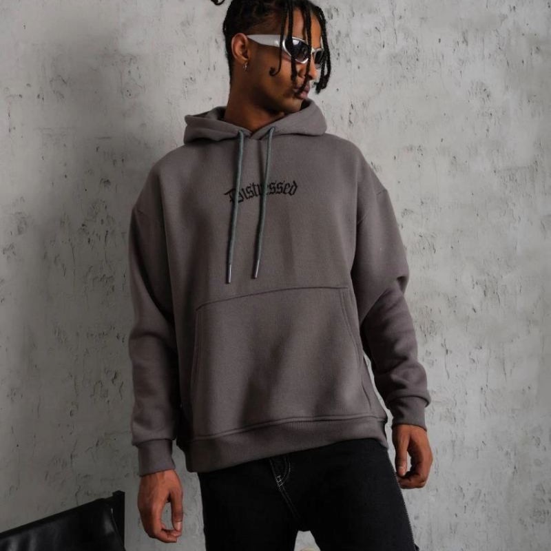 Erkek 3 İplik Pamuklu Kapüşonlu Kanguru Cepli Sweatshirt Hoodie -  Gri