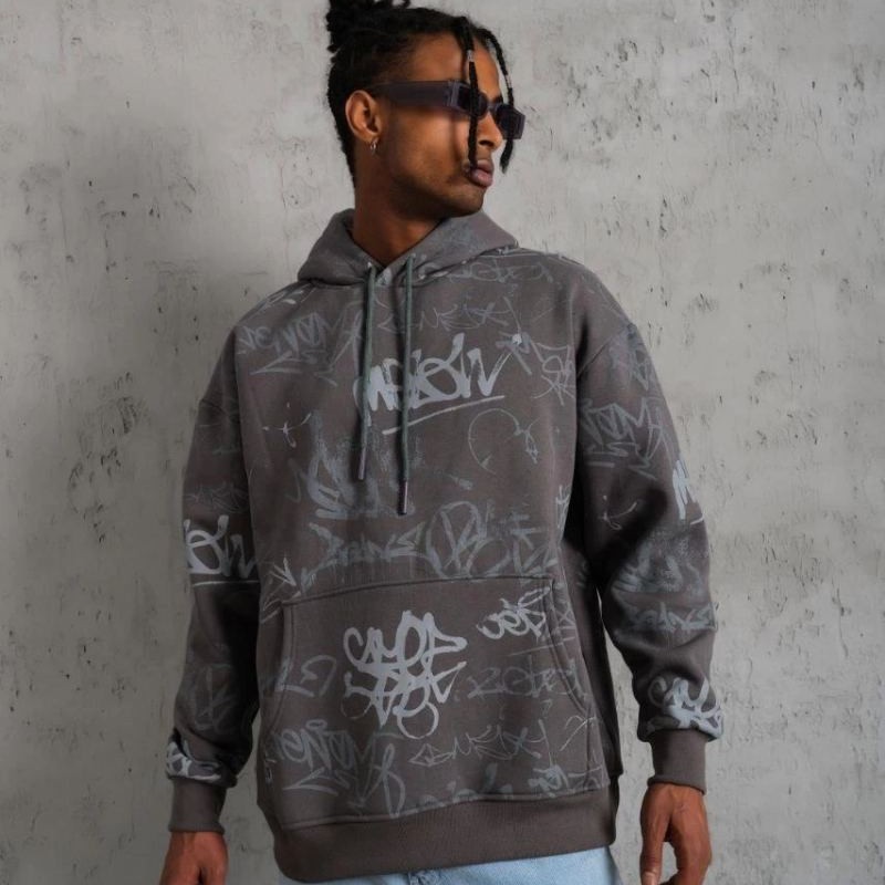 Erkek 3 İplik Pamuklu Kapüşonlu Kanguru Cepli Sweatshirt Hoodie -  Gri