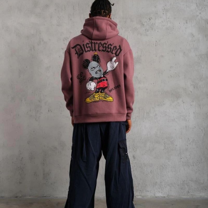 Erkek 3 İplik Pamuklu Kapüşonlu Kanguru Cepli Sweatshirt Hoodie - Gül Kurusu