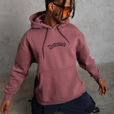 Erkek 3 İplik Pamuklu Kapüşonlu Kanguru Cepli Sweatshirt Hoodie - Gül Kurusu