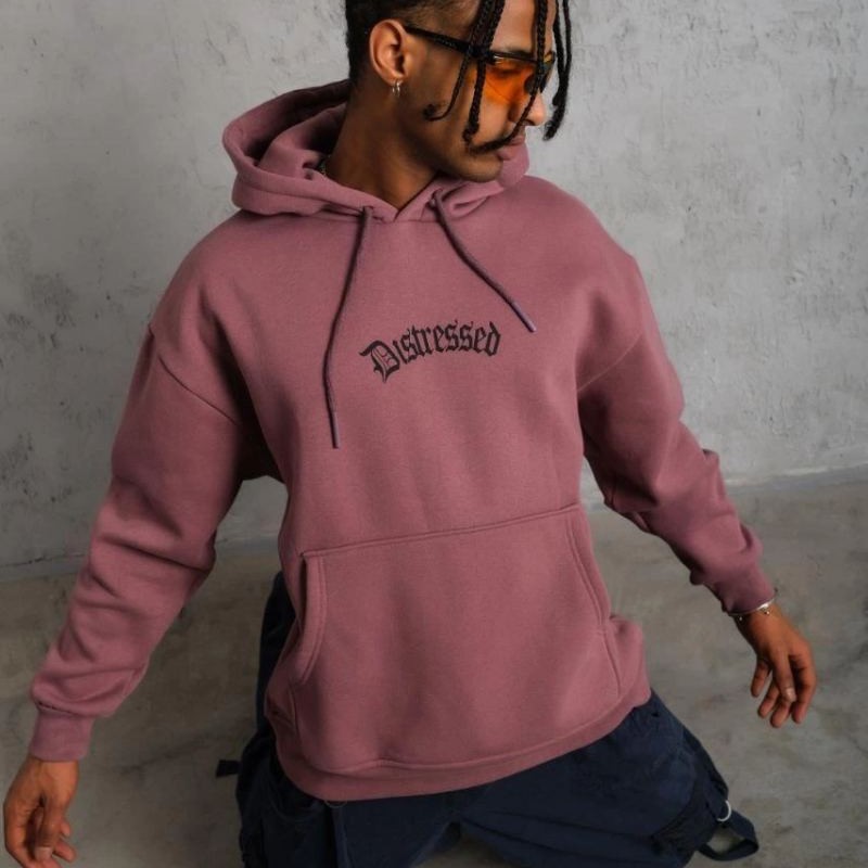 Erkek 3 İplik Pamuklu Kapüşonlu Kanguru Cepli Sweatshirt Hoodie - Gül Kurusu