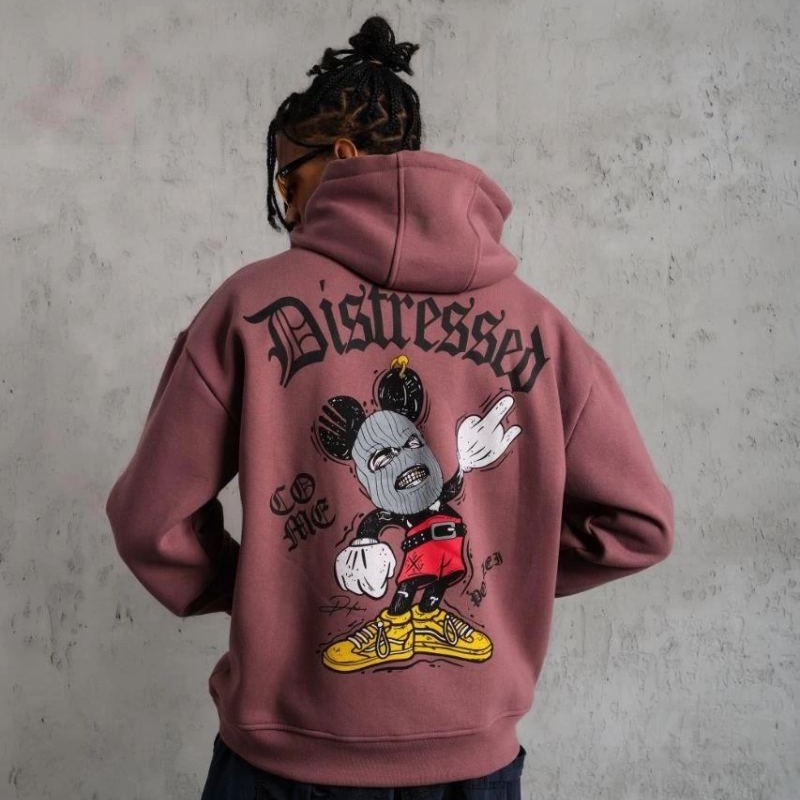 Erkek 3 İplik Pamuklu Kapüşonlu Kanguru Cepli Sweatshirt Hoodie - Gül Kurusu