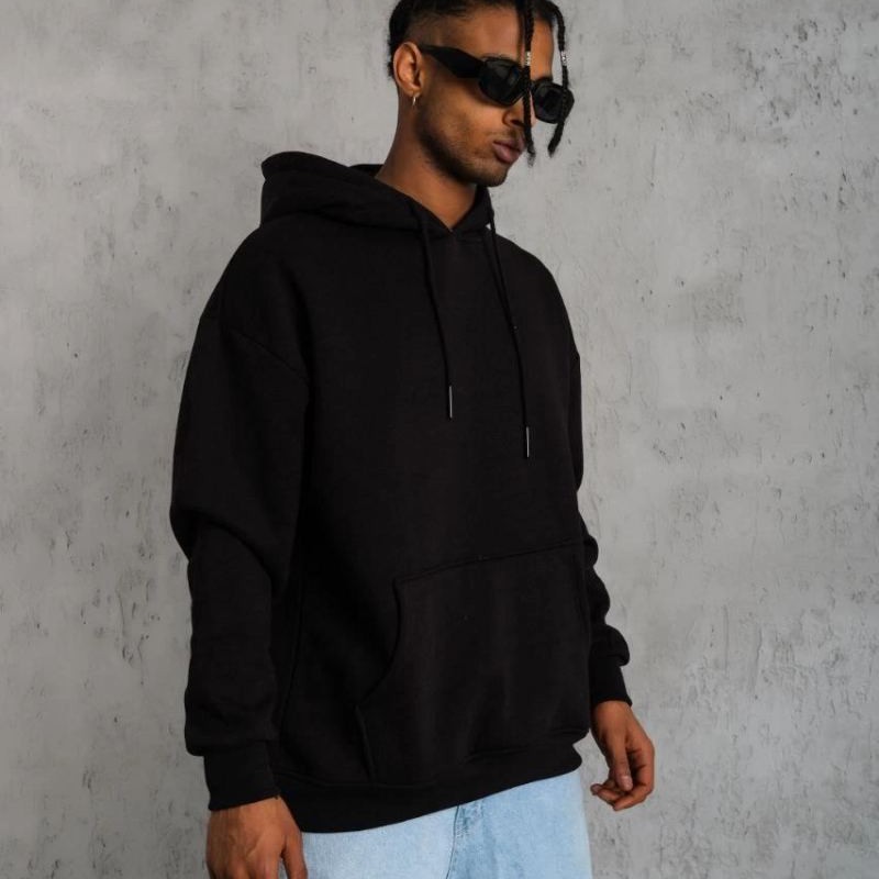 Erkek 3 İplik Pamuklu Kapüşonlu Kanguru Cepli Sweatshirt Hoodie -  Siyah