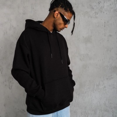 Erkek 3 İplik Pamuklu Kapüşonlu Kanguru Cepli Sweatshirt Hoodie -  Siyah