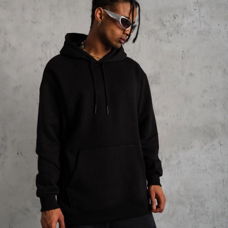 Erkek 3 İplik Pamuklu Kapüşonlu Kanguru Cepli Sweatshirt Hoodie -  Siyah