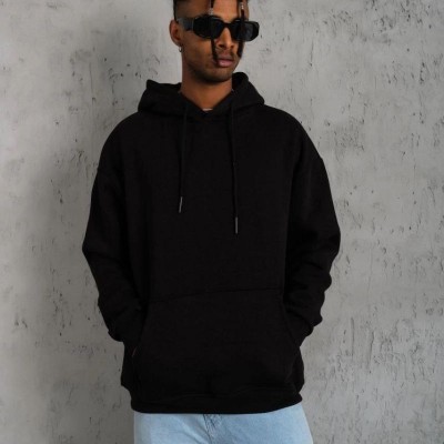 Erkek 3 İplik Pamuklu Kapüşonlu Kanguru Cepli Sweatshirt Hoodie -  Siyah