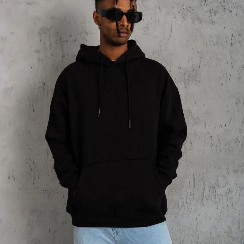 Erkek 3 İplik Pamuklu Kapüşonlu Kanguru Cepli Sweatshirt Hoodie -  Siyah
