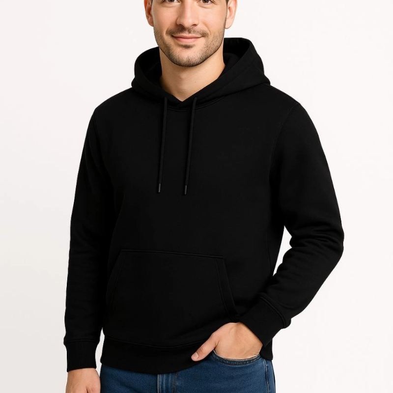 Erkek 3 İplik Pamuklu Kapüşonlu Kanguru Cepli SweatShirt hoodie - Siyah