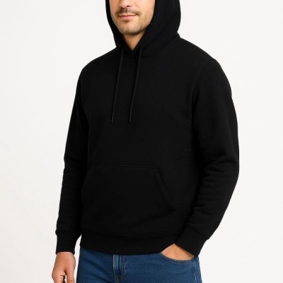 Erkek 3 İplik Pamuklu Kapüşonlu Kanguru Cepli SweatShirt hoodie - Siyah