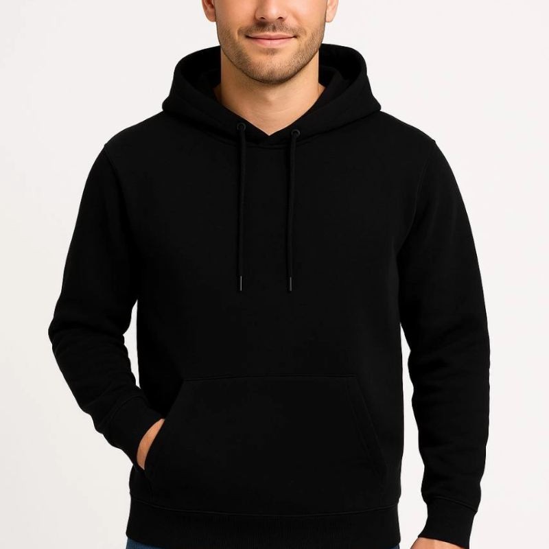 Erkek 3 İplik Pamuklu Kapüşonlu Kanguru Cepli SweatShirt hoodie - Siyah