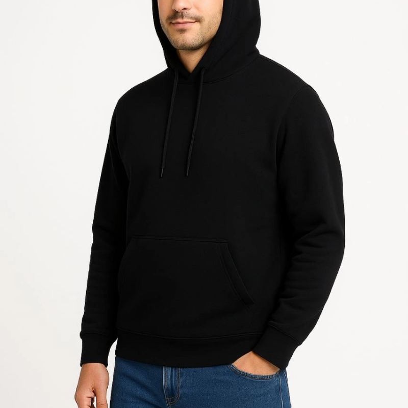 Erkek 3 İplik Pamuklu Kapüşonlu Kanguru Cepli SweatShirt hoodie - Siyah