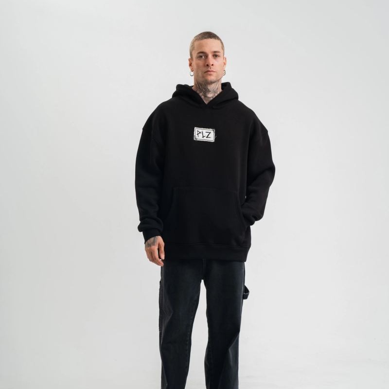 ERKEK 3 İplik Pamuklu Kapüşonlu Patchli Nakışlı Hoodie SweatShirt - Siyah