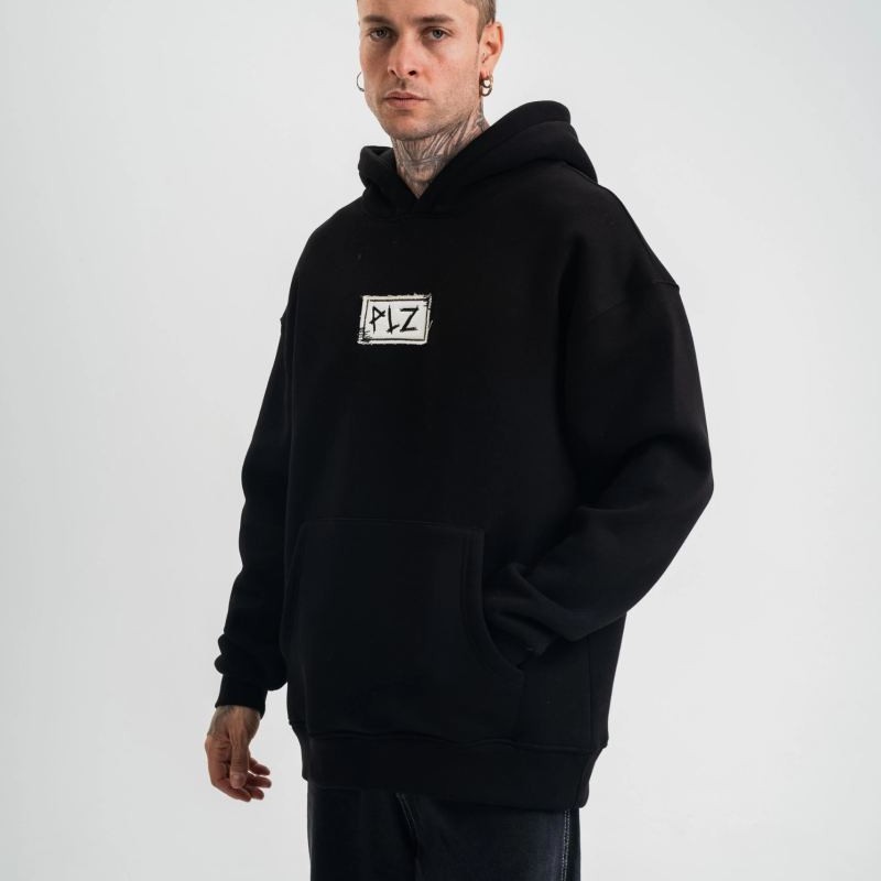 ERKEK 3 İplik Pamuklu Kapüşonlu Patchli Nakışlı Hoodie SweatShirt - Siyah