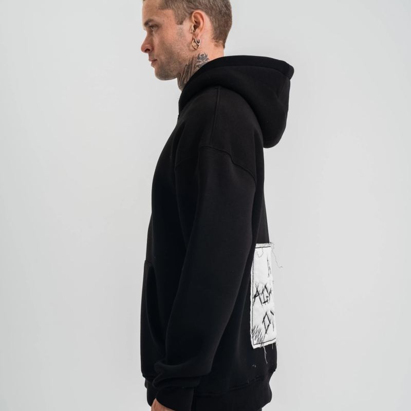 ERKEK 3 İplik Pamuklu Kapüşonlu Patchli Nakışlı Hoodie SweatShirt - Siyah