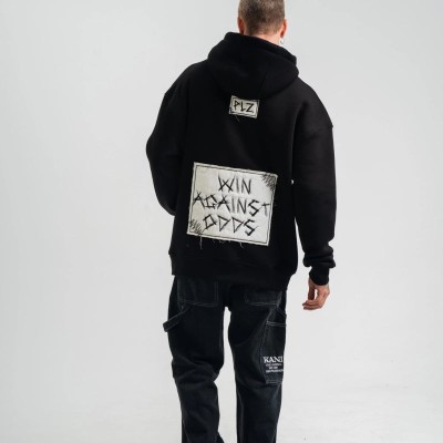 ERKEK 3 İplik Pamuklu Kapüşonlu Patchli Nakışlı Hoodie SweatShirt - Siyah