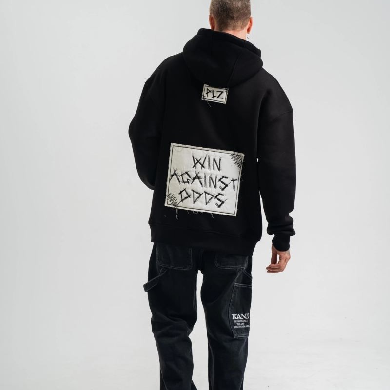 ERKEK 3 İplik Pamuklu Kapüşonlu Patchli Nakışlı Hoodie SweatShirt - Siyah
