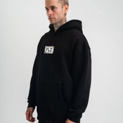 ERKEK 3 İplik Pamuklu Kapüşonlu Patchli Nakışlı Hoodie SweatShirt - Siyah