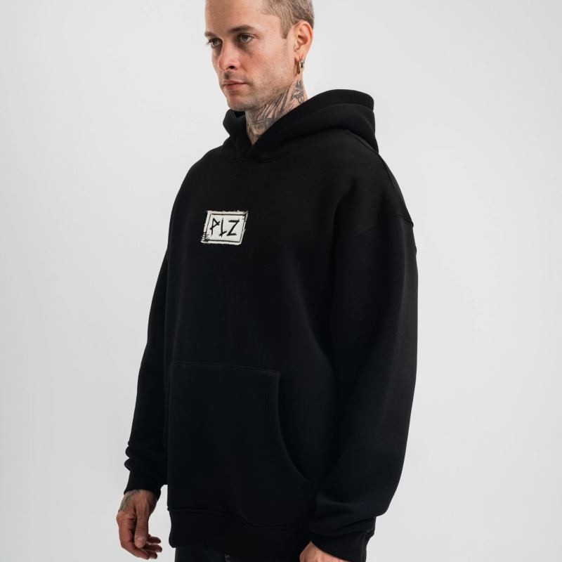 ERKEK 3 İplik Pamuklu Kapüşonlu Patchli Nakışlı Hoodie SweatShirt - Siyah