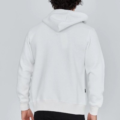 Erkek 3 İplik Pamuklu Kapüşonlu Tam Fermuarlı Cepli Hoodie Sweatshirt - Beyaz