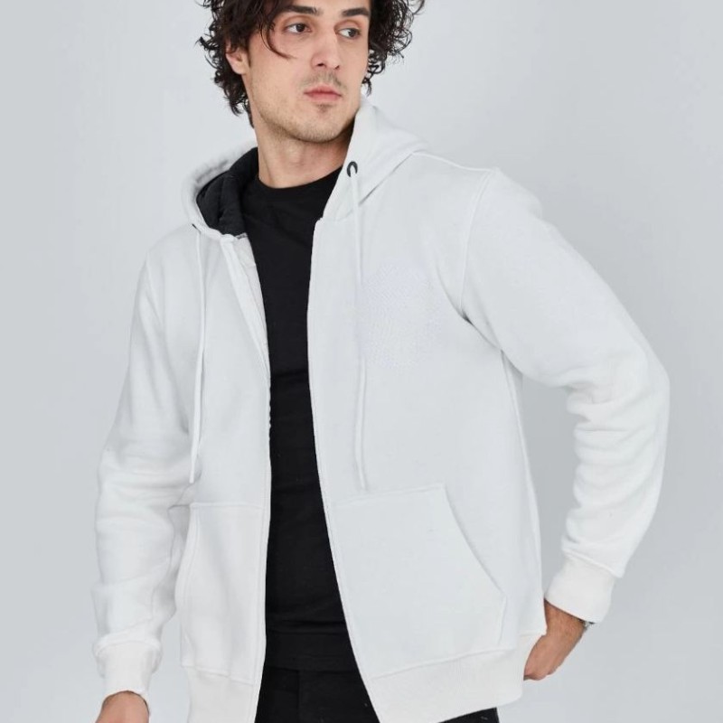 Erkek 3 İplik Pamuklu Kapüşonlu Tam Fermuarlı Cepli Hoodie Sweatshirt - Beyaz
