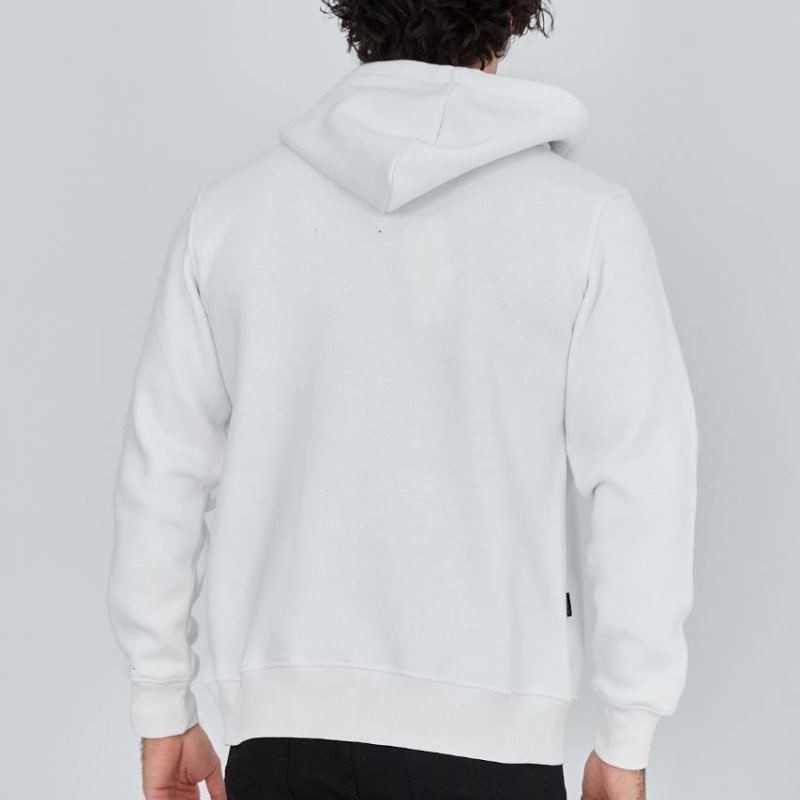 Erkek 3 İplik Pamuklu Kapüşonlu Tam Fermuarlı Cepli Hoodie Sweatshirt - Beyaz