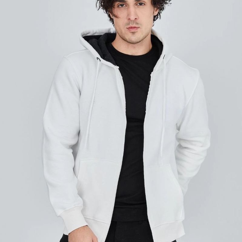 Erkek 3 İplik Pamuklu Kapüşonlu Tam Fermuarlı Cepli Hoodie Sweatshirt - Beyaz
