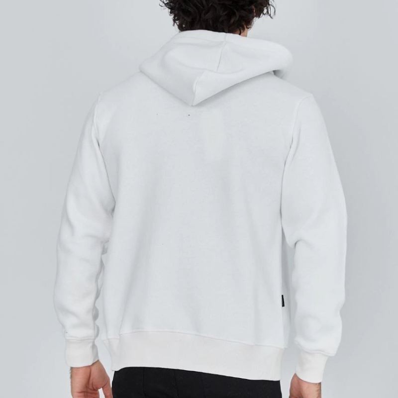 Erkek 3 İplik Pamuklu Kapüşonlu Tam Fermuarlı Cepli Hoodie Sweatshirt - Beyaz