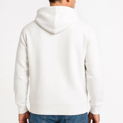 Erkek 3 İplik Pamuklu Kapüşonlu Tam Fermuarlı Cepli Hoodie Sweatshirt - Beyaz