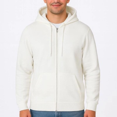 Erkek 3 İplik Pamuklu Kapüşonlu Tam Fermuarlı Cepli Hoodie Sweatshirt - Beyaz