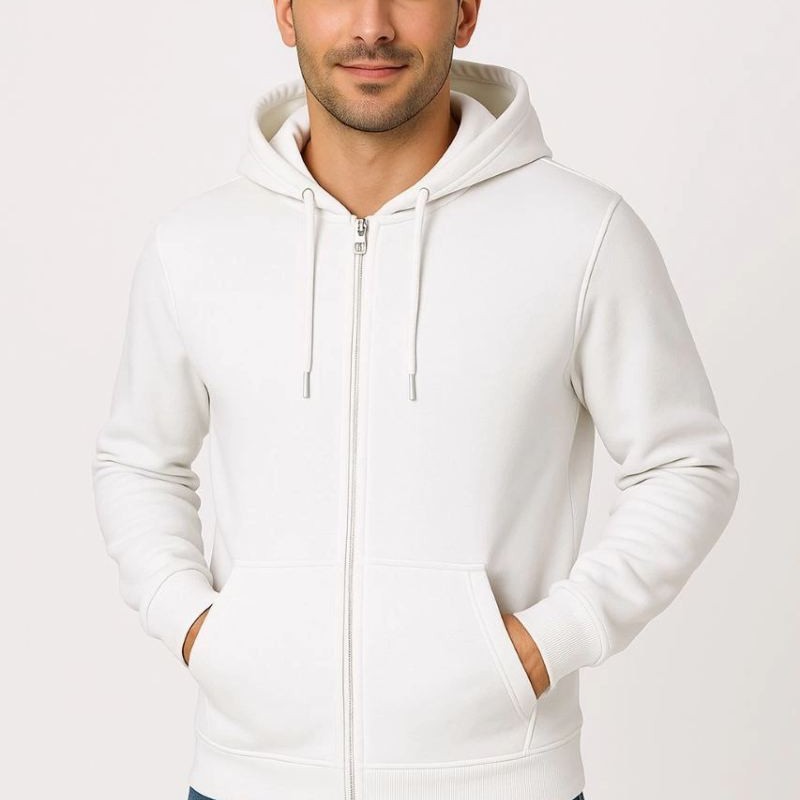 Erkek 3 İplik Pamuklu Kapüşonlu Tam Fermuarlı Cepli Hoodie Sweatshirt - Beyaz