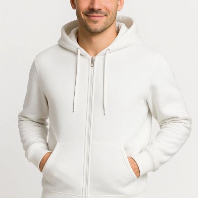 Erkek 3 İplik Pamuklu Kapüşonlu Tam Fermuarlı Cepli Hoodie Sweatshirt - Beyaz