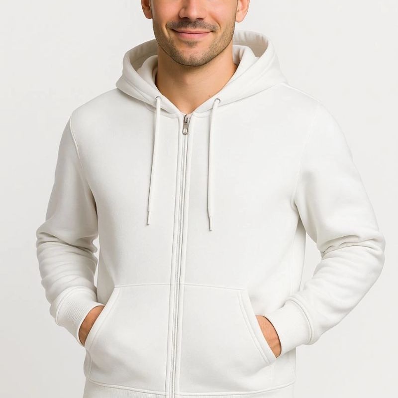Erkek 3 İplik Pamuklu Kapüşonlu Tam Fermuarlı Cepli Hoodie Sweatshirt - Beyaz