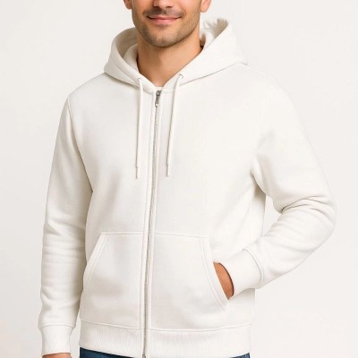 Erkek 3 İplik Pamuklu Kapüşonlu Tam Fermuarlı Cepli Hoodie Sweatshirt - Beyaz