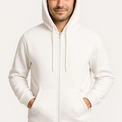 Erkek 3 İplik Pamuklu Kapüşonlu Tam Fermuarlı Cepli Hoodie Sweatshirt - Beyaz