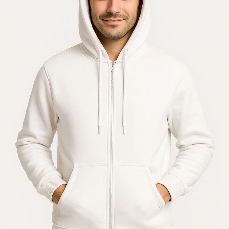 Erkek 3 İplik Pamuklu Kapüşonlu Tam Fermuarlı Cepli Hoodie Sweatshirt - Beyaz