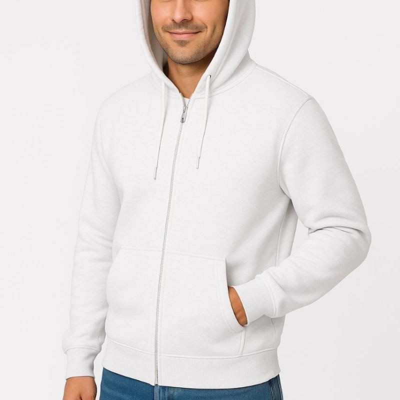 Erkek 3 İplik Pamuklu Kapüşonlu Tam Fermuarlı Cepli Hoodie Sweatshirt - Beyaz