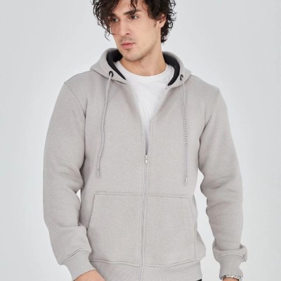 Erkek 3 İplik Pamuklu Kapüşonlu Tam Fermuarlı Cepli Hoodie Sweatshirt - Boyalı Gri