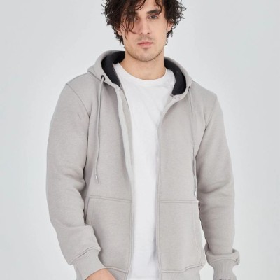 Erkek 3 İplik Pamuklu Kapüşonlu Tam Fermuarlı Cepli Hoodie Sweatshirt - Boyalı Gri