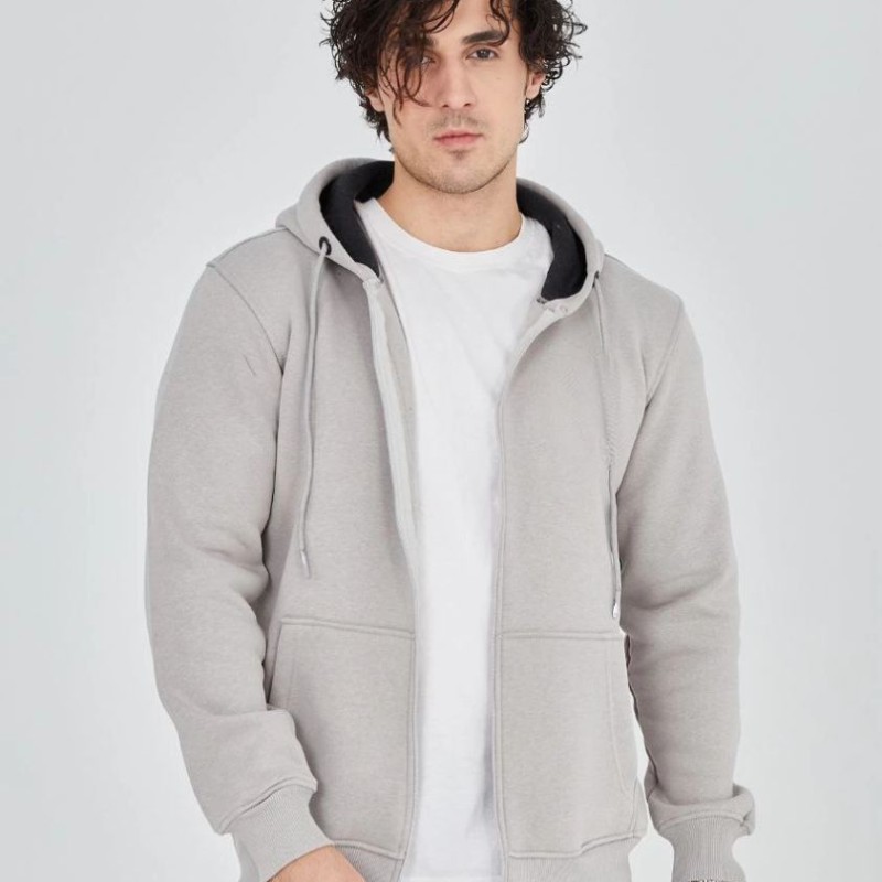 Erkek 3 İplik Pamuklu Kapüşonlu Tam Fermuarlı Cepli Hoodie Sweatshirt - Boyalı Gri