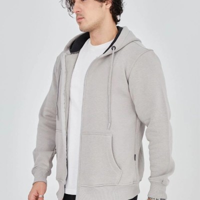 Erkek 3 İplik Pamuklu Kapüşonlu Tam Fermuarlı Cepli Hoodie Sweatshirt - Boyalı Gri