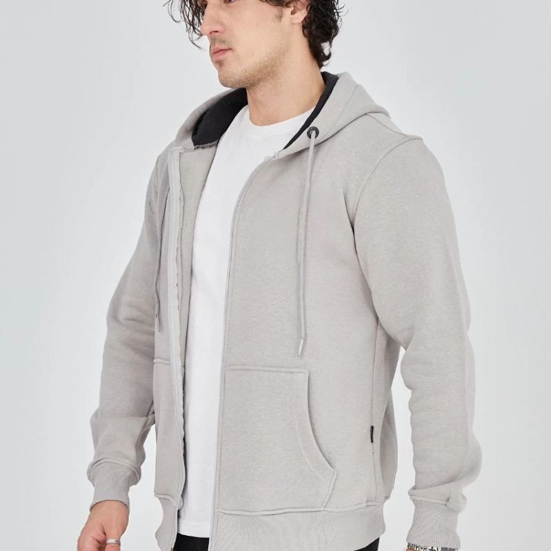 Erkek 3 İplik Pamuklu Kapüşonlu Tam Fermuarlı Cepli Hoodie Sweatshirt - Boyalı Gri