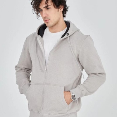 Erkek 3 İplik Pamuklu Kapüşonlu Tam Fermuarlı Cepli Hoodie Sweatshirt - Boyalı Gri