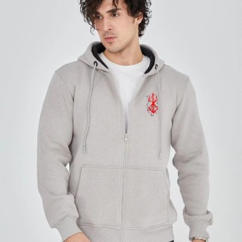Erkek 3 İplik Pamuklu Kapüşonlu Tam Fermuarlı Cepli Hoodie Sweatshirt - Boyalı Gri