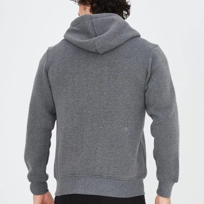 Erkek 3 İplik Pamuklu Kapüşonlu Tam Fermuarlı Cepli Hoodie Sweatshirt - Füme