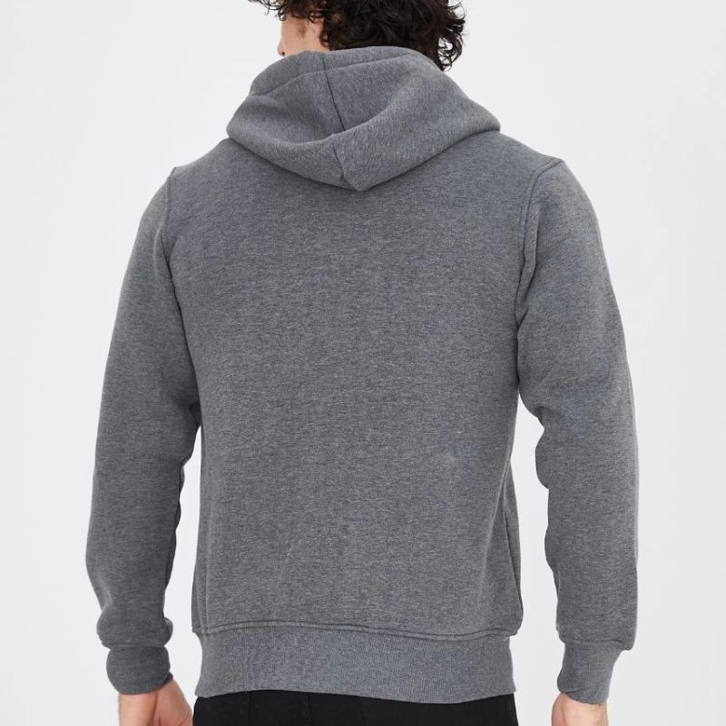Erkek 3 İplik Pamuklu Kapüşonlu Tam Fermuarlı Cepli Hoodie Sweatshirt - Füme