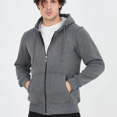 Erkek 3 İplik Pamuklu Kapüşonlu Tam Fermuarlı Cepli Hoodie Sweatshirt - Füme